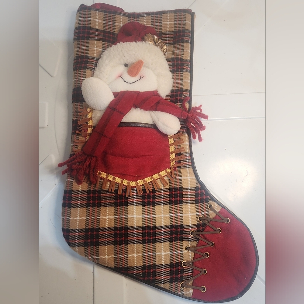 Plaid Christmas Stocking with Snowman Design